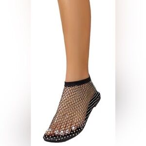 CUTE!! Black fishnet mesh sandals with rhinestones clear toe strap Comfy flats-8